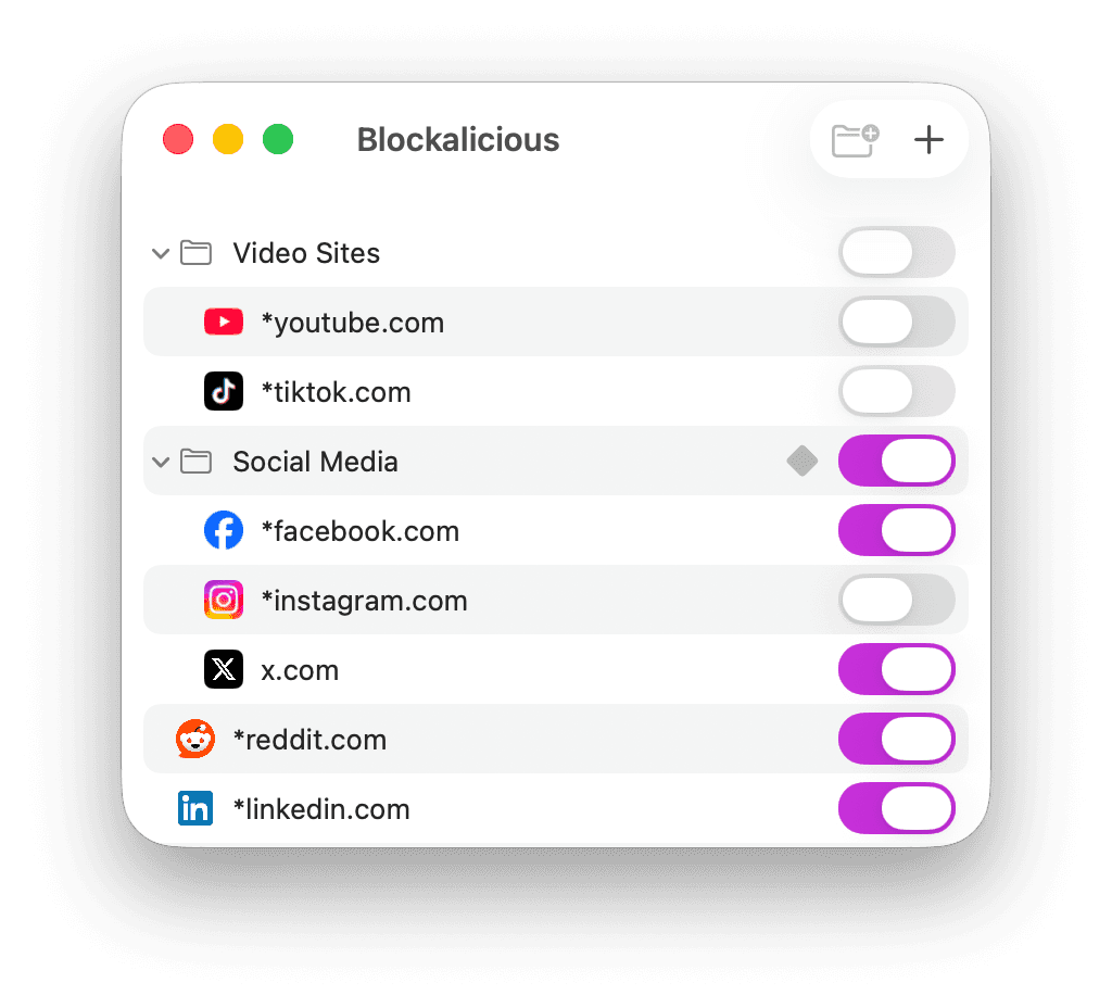 Blockalicious main window showing blocked websites list